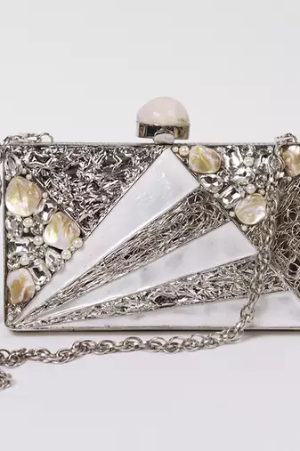 Silver beaded embellished mother of pearl clutch