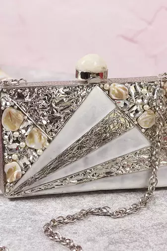 Silver beaded embellished mother of pearl clutch