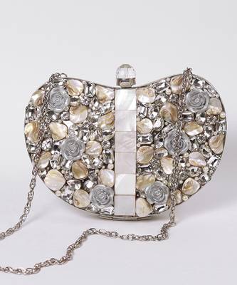 Silver beaded embellished brass clutch silver 1