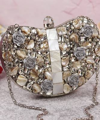 Silver beaded embellished brass clutch silver 4
