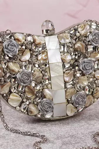 Silver beaded embellished brass clutch silver