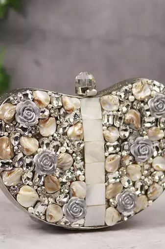 Silver beaded embellished brass clutch silver