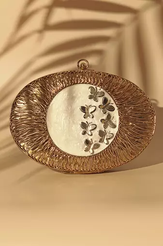 Gold hand crafted clutch with detachable chain