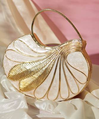 Gold embellished mother of pearl clutch with detachable chain 1