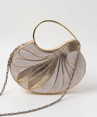 Gold embellished mother of pearl clutch with detachable chain 2