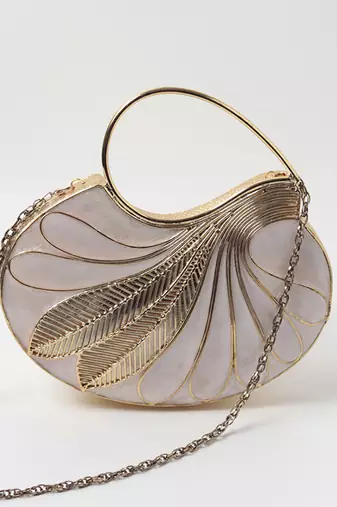 Gold embellished mother of pearl clutch with detachable chain