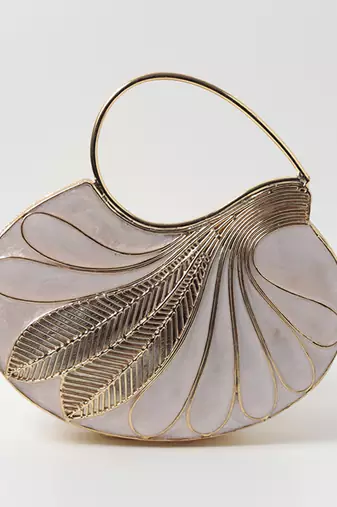 Gold embellished mother of pearl clutch with detachable chain