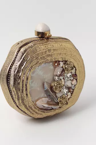 Embellished gold mother of pearl clutch