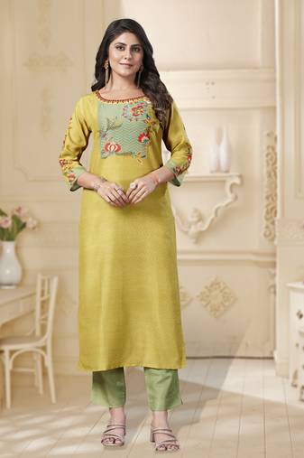 Mustard muslin ombre printed embroidered straight kurta with pant