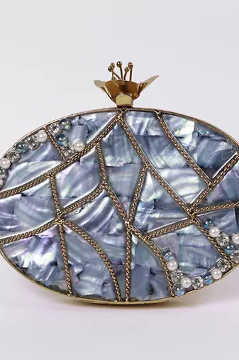 Mother of pearl gold embellished clutch