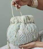 Blue suede hand embroidered potli with pearl handle