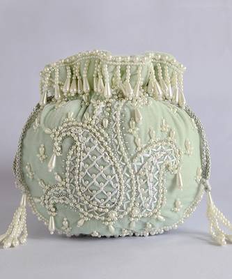Blue suede hand embroidered potli with pearl handle 3