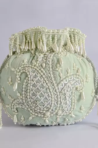 Blue suede hand embroidered potli with pearl handle