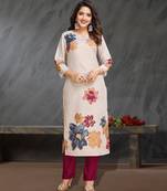 Beige linen silk floral printed straight kurta with pant