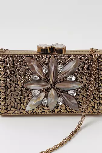 Embellished mother of pearl gold clutch