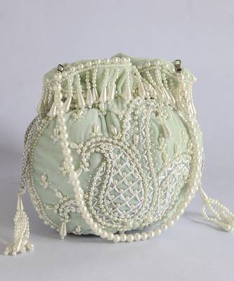 Blue suede hand embroidered potli with pearl handle 5