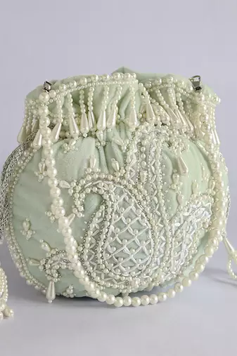 Blue suede hand embroidered potli with pearl handle