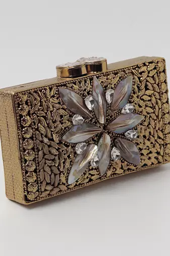 Embellished mother of pearl gold clutch