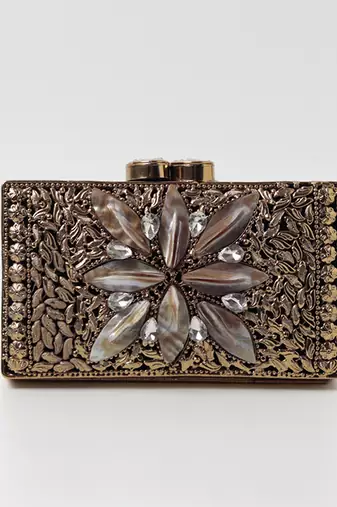 Embellished mother of pearl gold clutch