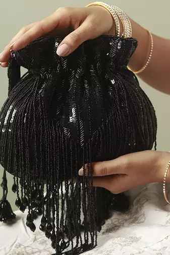 Black silk tassles potli with handle