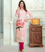 Light pink linen silk floral & leaf printed straight kurta with pant