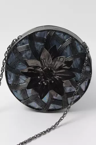Black intricate brass work pearl clutch