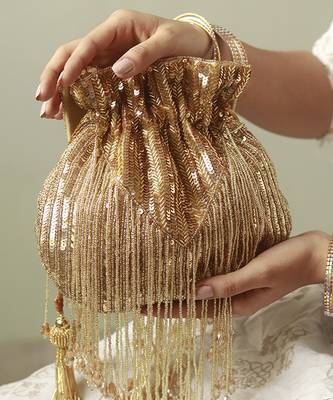 Gold silk tassles potli with handle 1