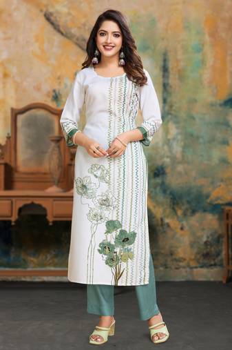 White linen silk chevron  printed straight kurta with pant