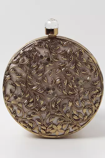 Gold intricate brass work pearl clutch