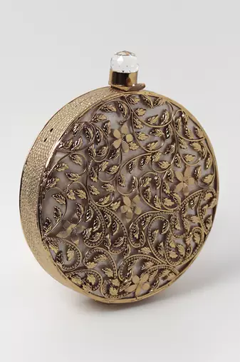 Gold intricate brass work pearl clutch