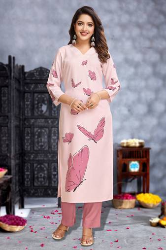 Pink linen silk butterfly printed straight kurta with pant