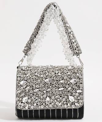 Black suede embellished flap over clutch bag 1