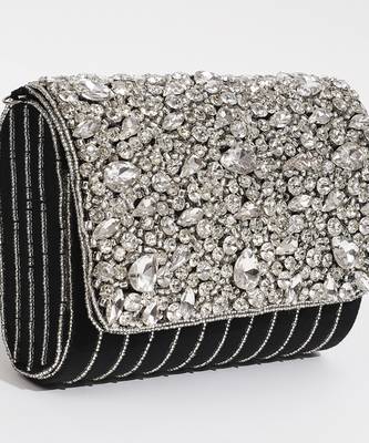Black suede embellished flap over clutch bag 2