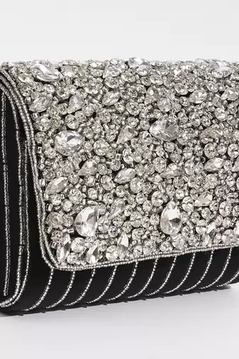 Black suede embellished flap over clutch bag