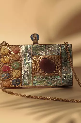 Gold beaded clutch with detachable chain