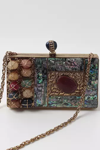 Gold beaded clutch with detachable chain
