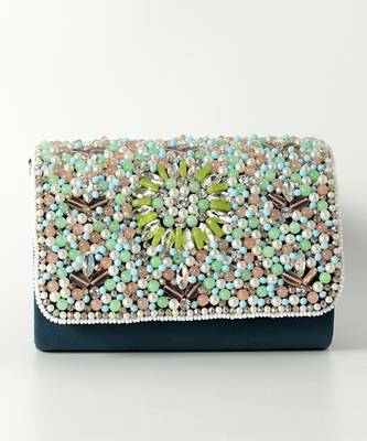 Blue suede rainbow embellished flap over clutch bag 1