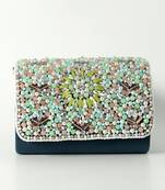 Blue suede rainbow embellished flap over clutch bag