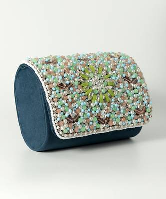 Blue suede rainbow embellished flap over clutch bag 2