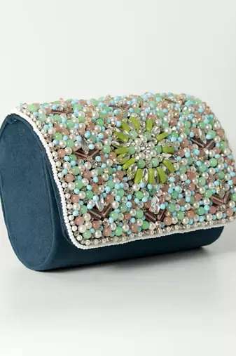 Blue suede rainbow embellished flap over clutch bag