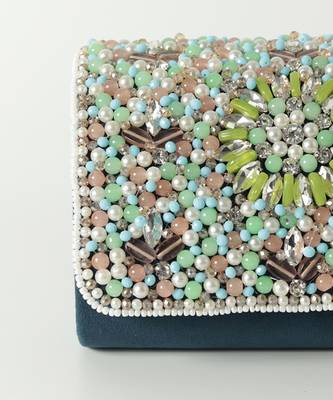 Blue suede rainbow embellished flap over clutch bag 3