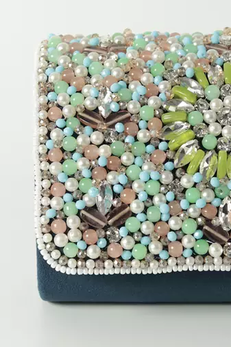 Blue suede rainbow embellished flap over clutch bag