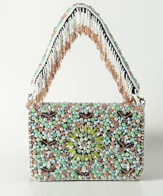 Pink suede rainbow embellished flap over clutch bag 1