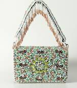 Pink suede rainbow embellished flap over clutch bag