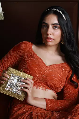 Red rose gold embellished clutch