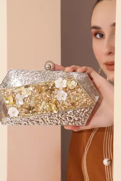 Silver beaded embellished clutch