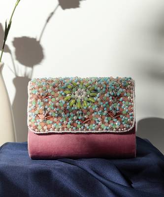 Pink suede rainbow embellished flap over clutch bag 2