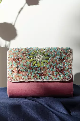 Pink suede rainbow embellished flap over clutch bag