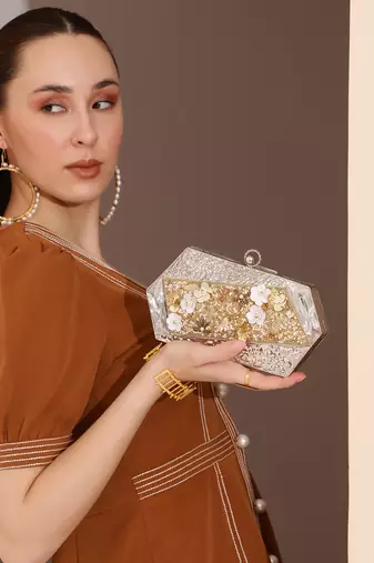 Silver beaded embellished clutch