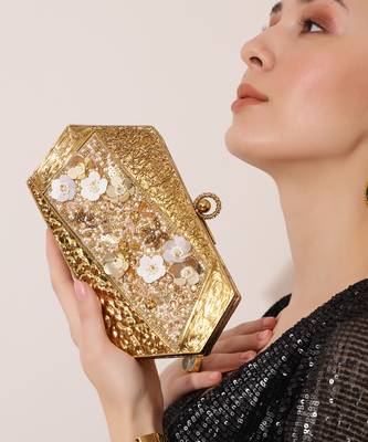 Gold embellished clutch with detachable chain 1